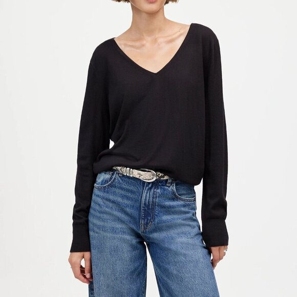 Madewell Merino Wool Silk Blend V-Neck Sweater Black Size XL NWT - Picture 1 of 9